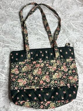 Floral Quilted 100% Cotton Tote Bag - Black with Pink & Cream Flowers